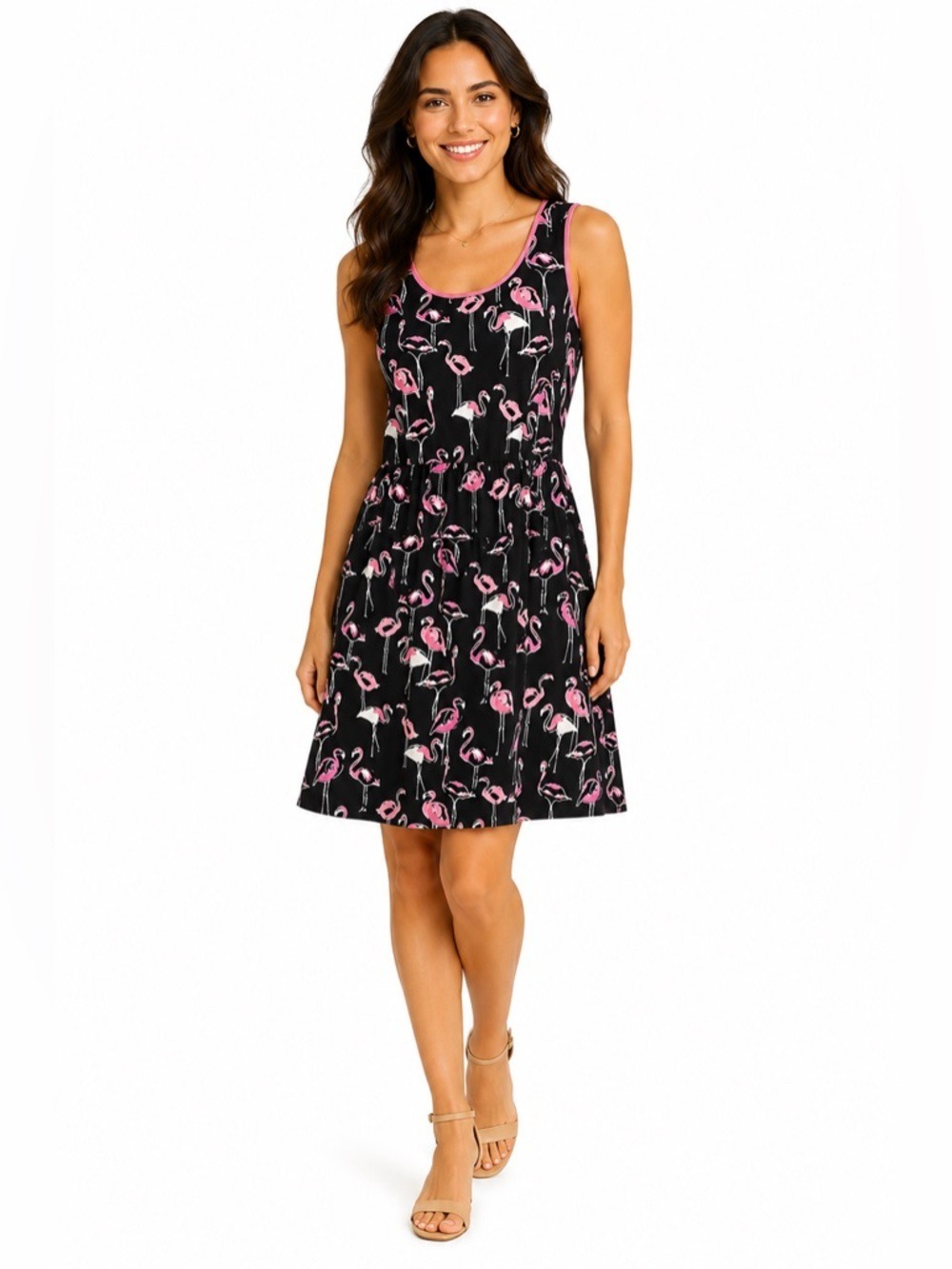Crown & Ivy Flamingo Fit Flare Dress Size 4 Black Pink Preppy Coastal Style
